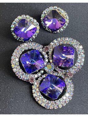 Vtg Rivoli Glass Brooch Iridescent Purple Blue AB Rhinestones Clip On Earrings